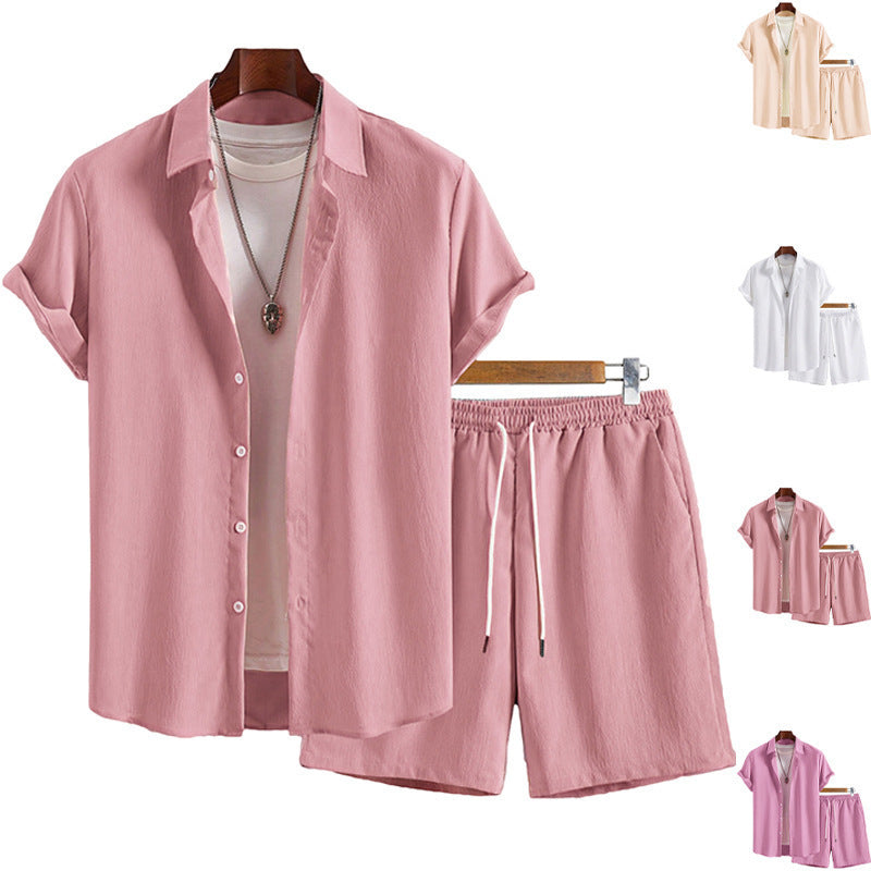 Flip collar short sleeved shirt casual drawstring shorts set