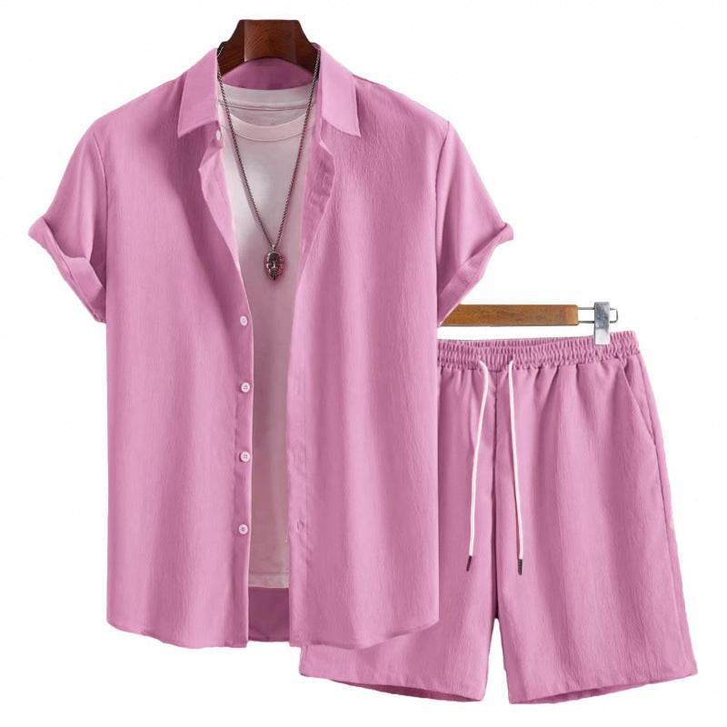 Flip collar short sleeved shirt casual drawstring shorts set