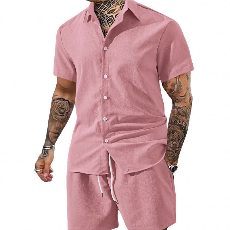 Flip collar short sleeved shirt casual drawstring shorts set